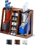 Premium Wooden Golf Bag Organizer and Storage Rack - Holds 2 Bags