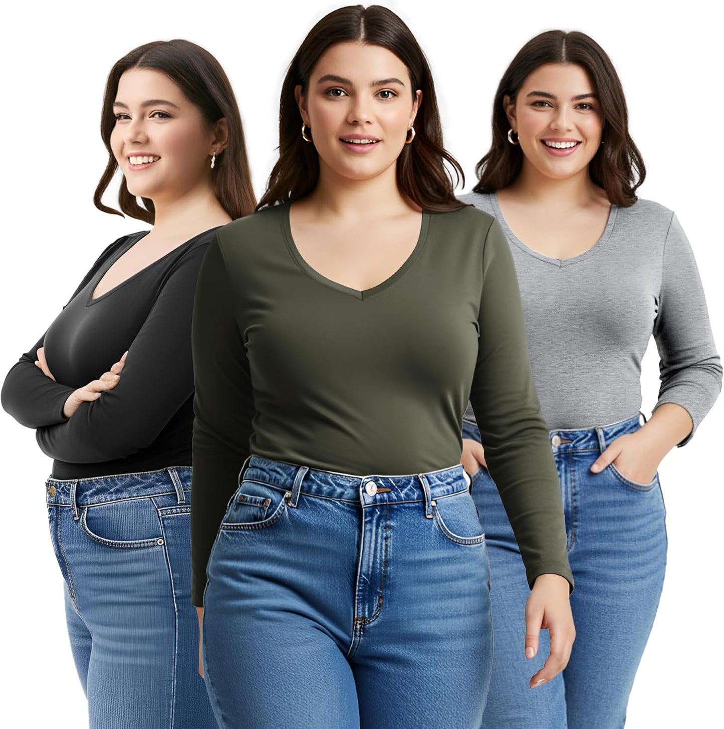 Emmalise Women's Junior Plus Size Vneck Long Sleeve Tee Shirt