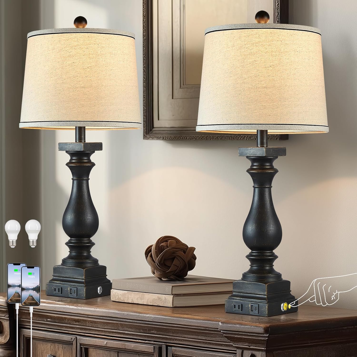 28 Inch Tall Farmhouse Table Lamps Set of 2 with USB Ports