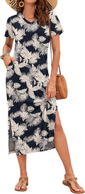 Women Summer Midi Dress with Pockets - Loose V Neck Split Midi