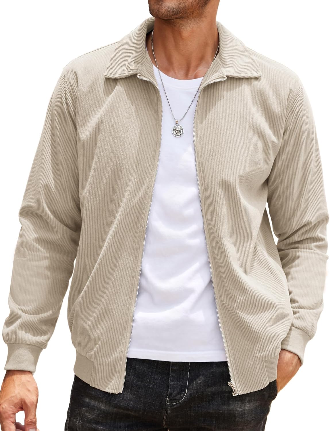 Men's Casual Corduroy Jacket Lightweight Zip Up Vintage Style