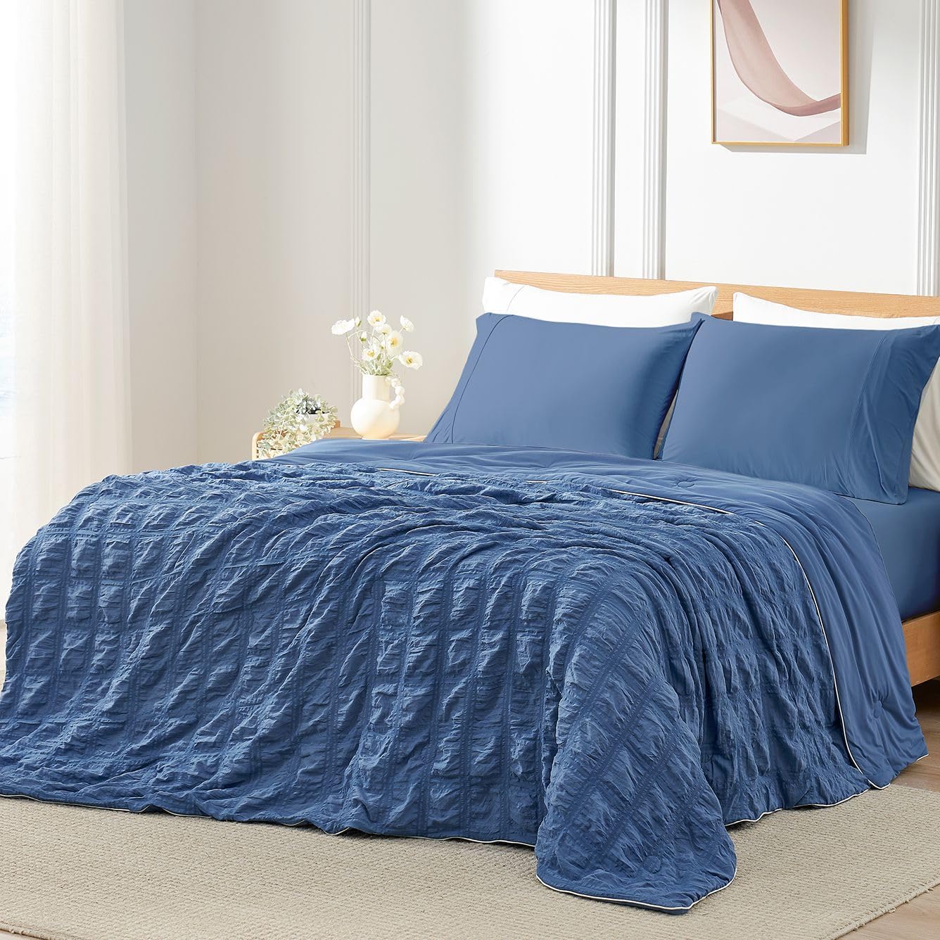 Cozy Bliss Cooling Comforter Seersucker Plaid King for Hot Sleepers
