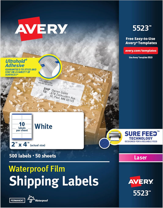 Avery Waterproof Labels: UltraHold Adhesive, Laser Printer 2 x 4, 500 Count