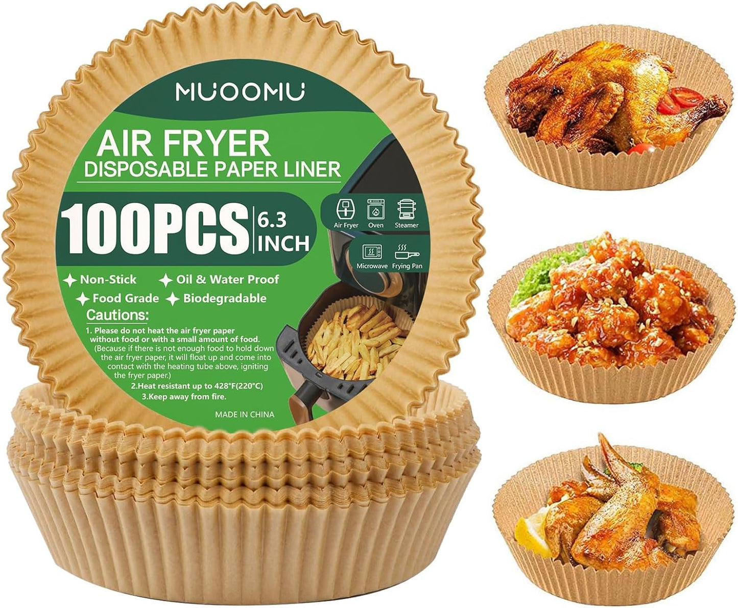 MUOOMU Air Fryer Liners: Oil & Water Proof (100PCS, 6.3)