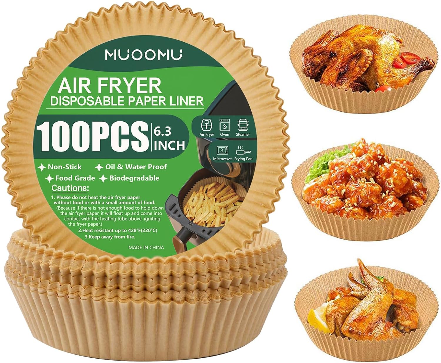 MUOOMU Air Fryer Liners: Oil & Water Proof (100PCS, 6.3)