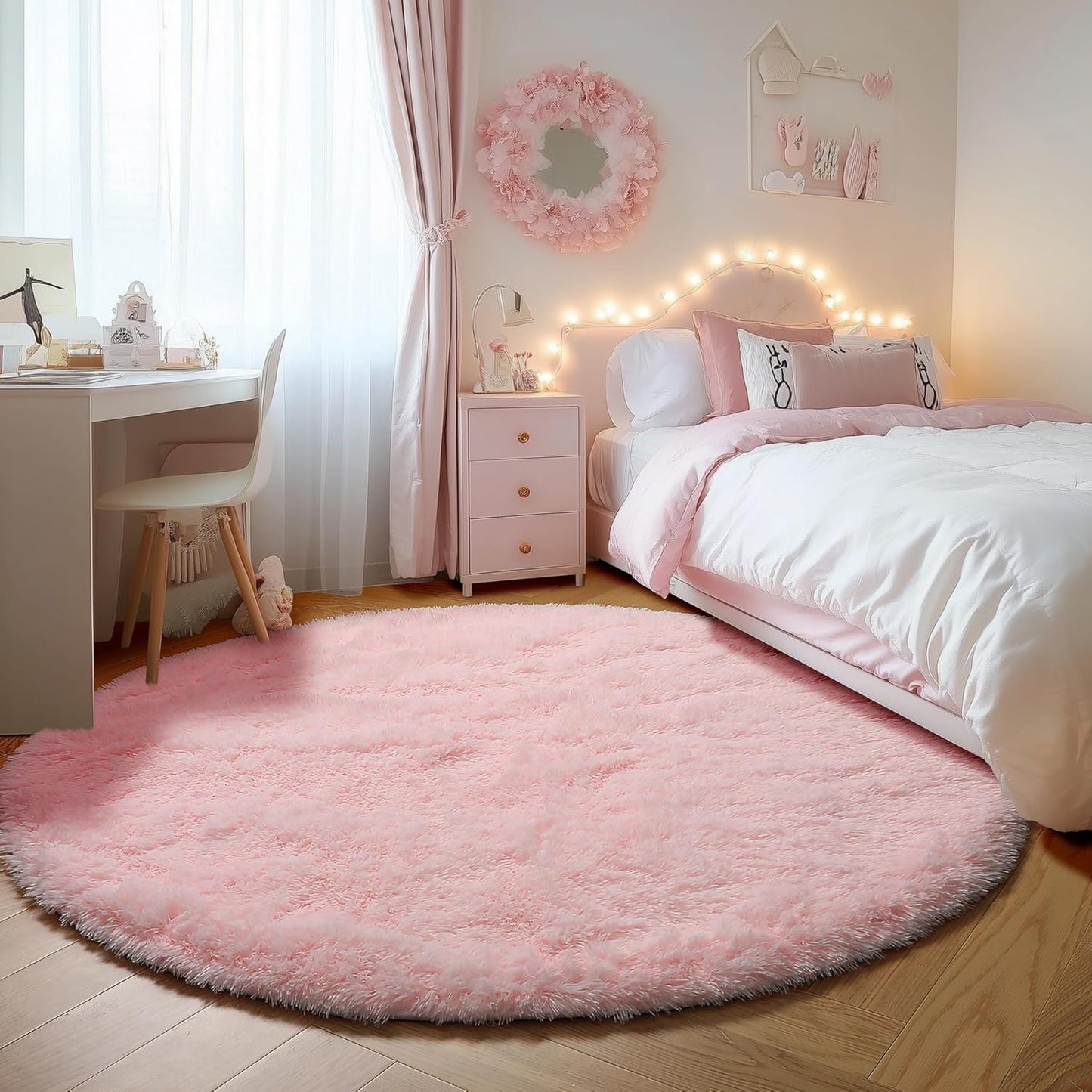 ONASAR Light Pink Round Area Rug 5ft for Bedroom and Living Room