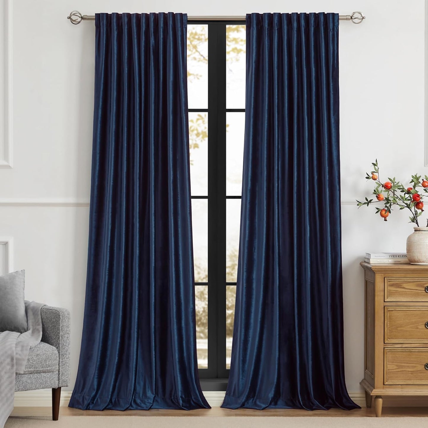 PRIMROSE Navy Blue Velvet Curtains for Living Room, 90 inch Long