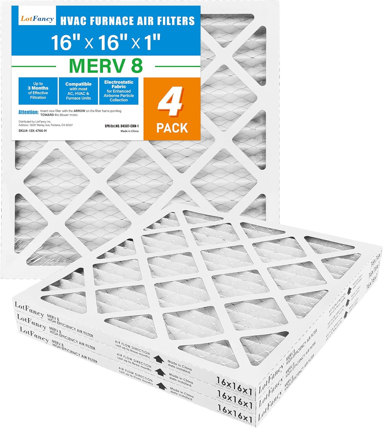 LotFancy 16x16x1 Air Filter MERV 8 for Home HVAC Systems