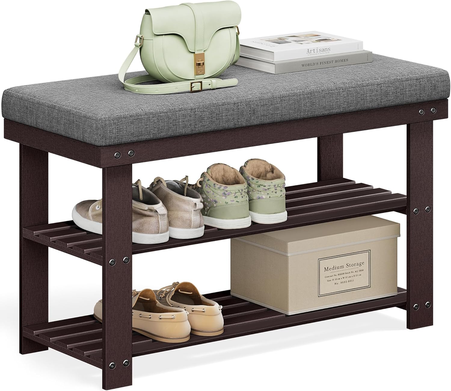 SONGMICS Bamboo Shoe Bench with 3-Tier Shoe Rack Organizer