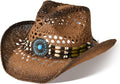 Straw Cowboy Hat for Men Womens with Turquoise Band - Wide Brim