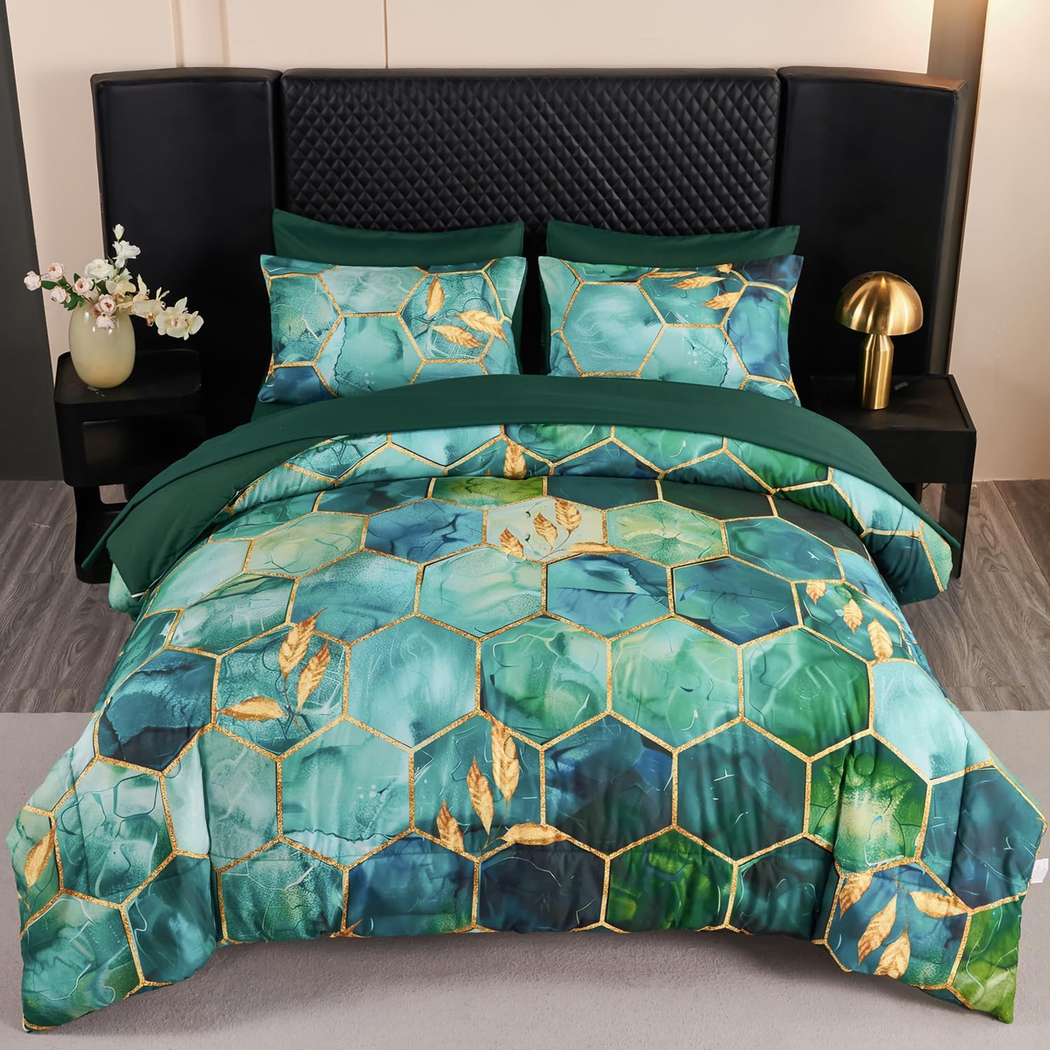 Luxurious 7 Pieces Turquoise Gold Marble Comforter Set Queen