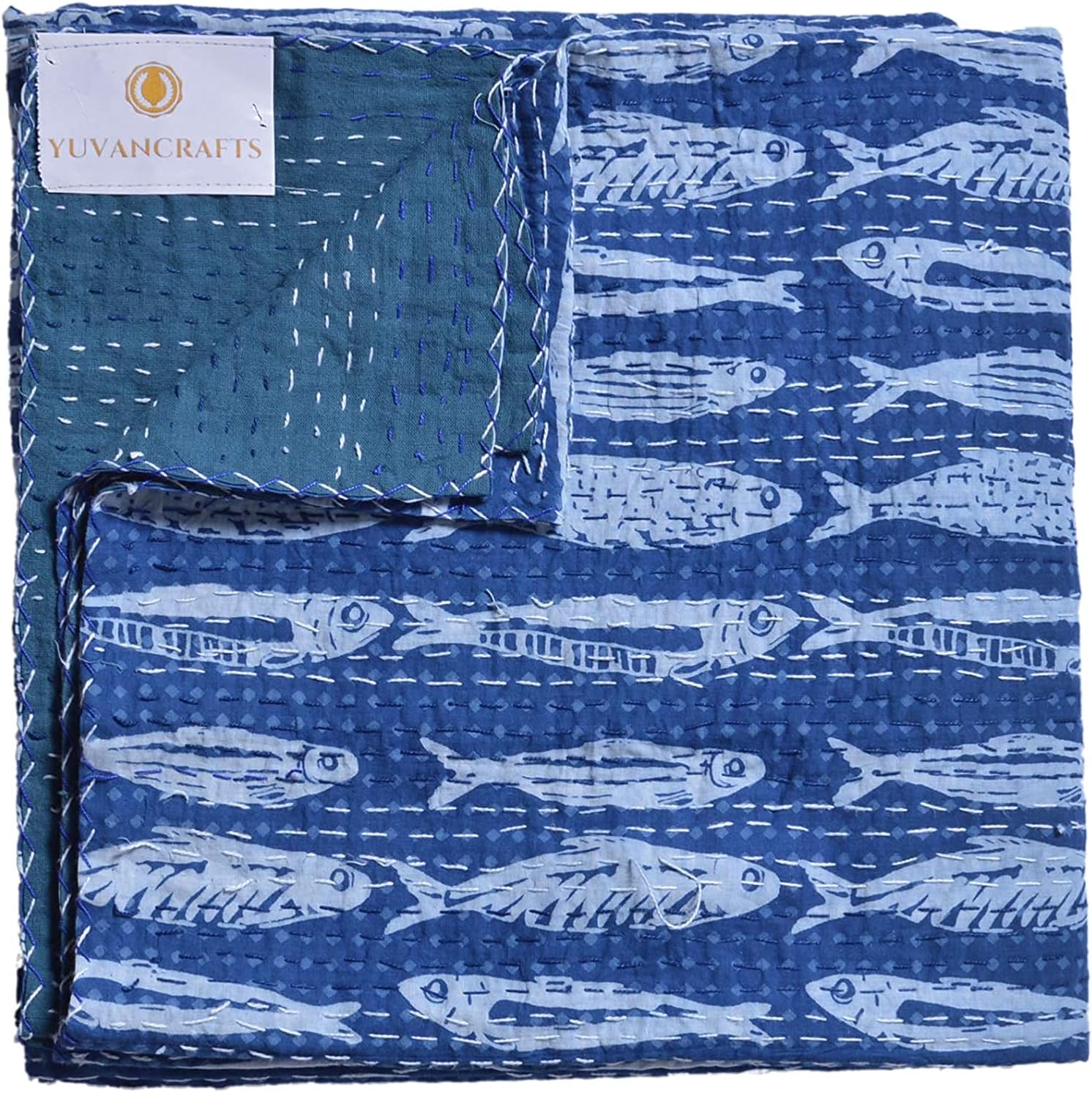 Handmade Fish Print Queen Quilt by YUVANCRAFTS
