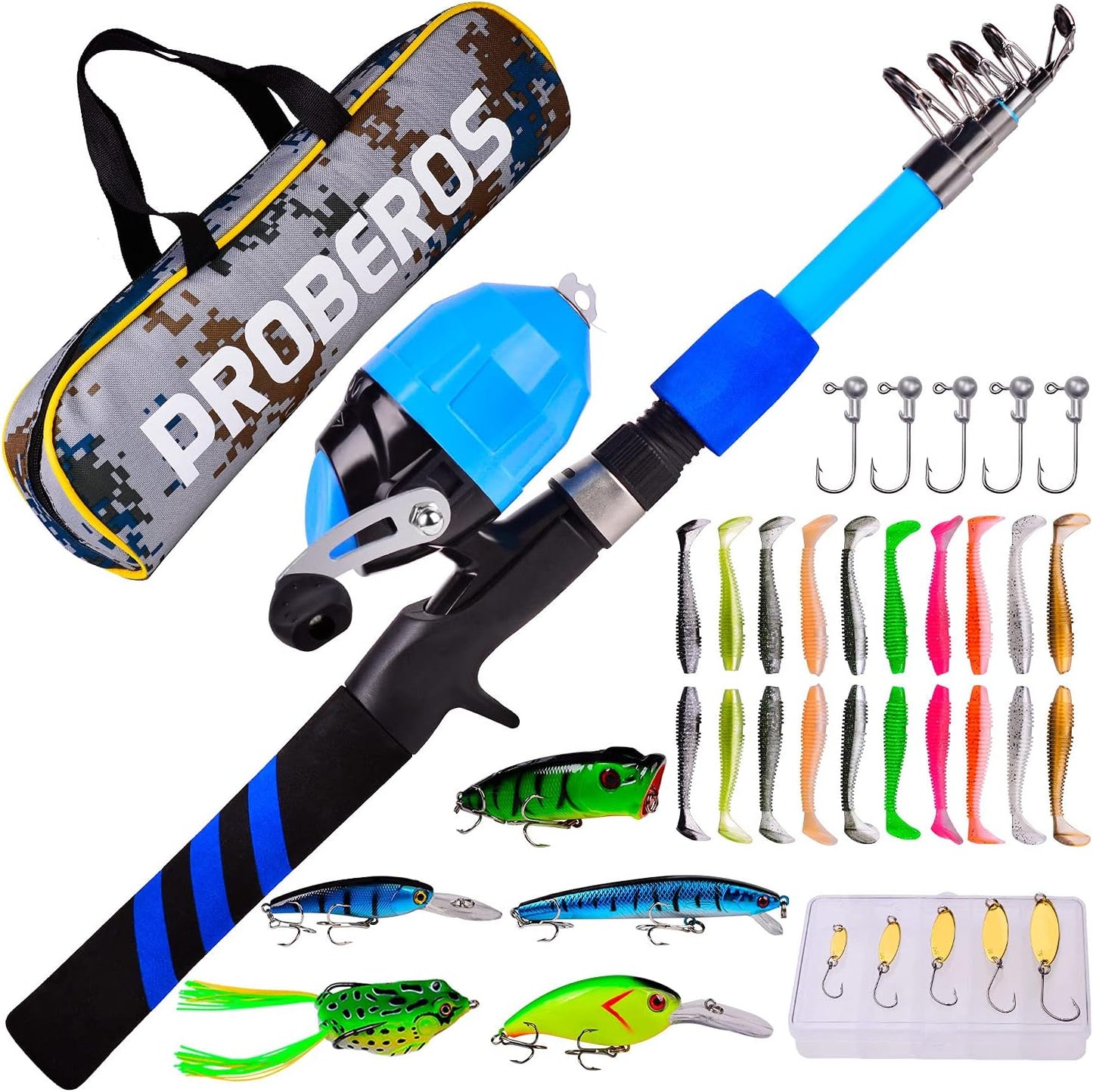 PROBEROS Kids Fishing Pole Kit - Portable Telescopic Rod & Reel - Ultimate Youth Fishing Gear