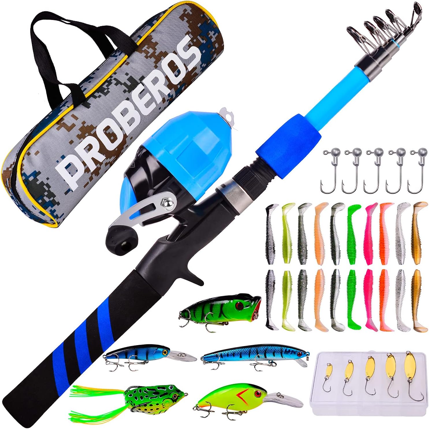 PROBEROS Kids Fishing Pole Kit - Portable Telescopic Rod & Reel - Ultimate Youth Fishing Gear