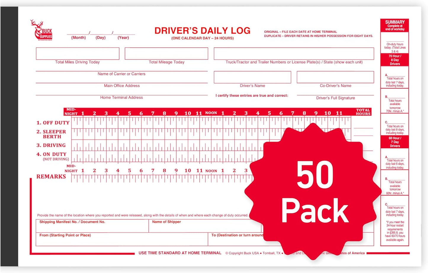 50 Pack Driver Daily Log Books for Truck Drivers - DOT Compliant