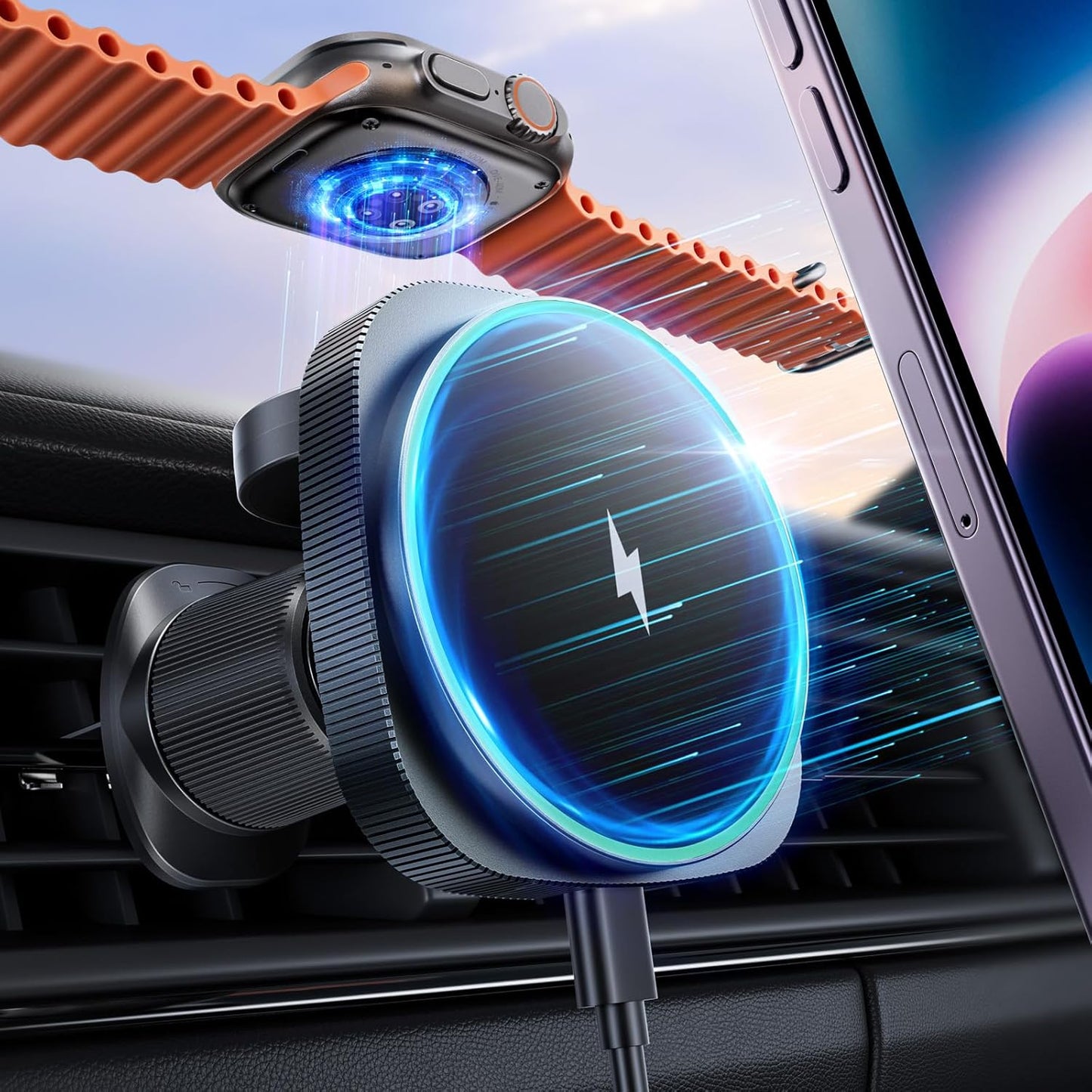 NIYEVN 2-in-1 Car Mount Charger: Fast Charging for iPhone & Apple Watch
