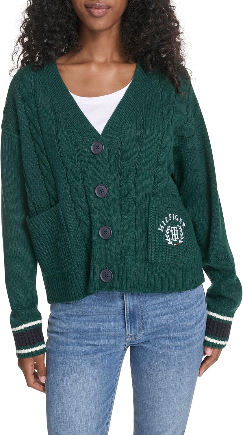 Tommy Hilfiger Womens Boxy Varsity Cable Cardigan for All Occasions