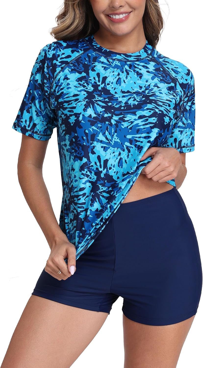 Halcurt Women's Built in Bra Rash Guard Two Piece Swimsuit Set