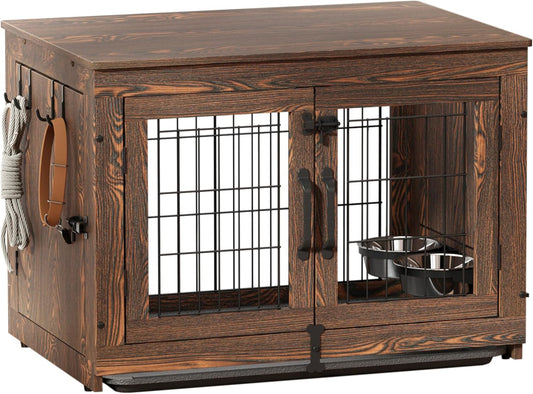 Piskyet Wooden Dog Crate Furniture with Removable Bowls and Tray