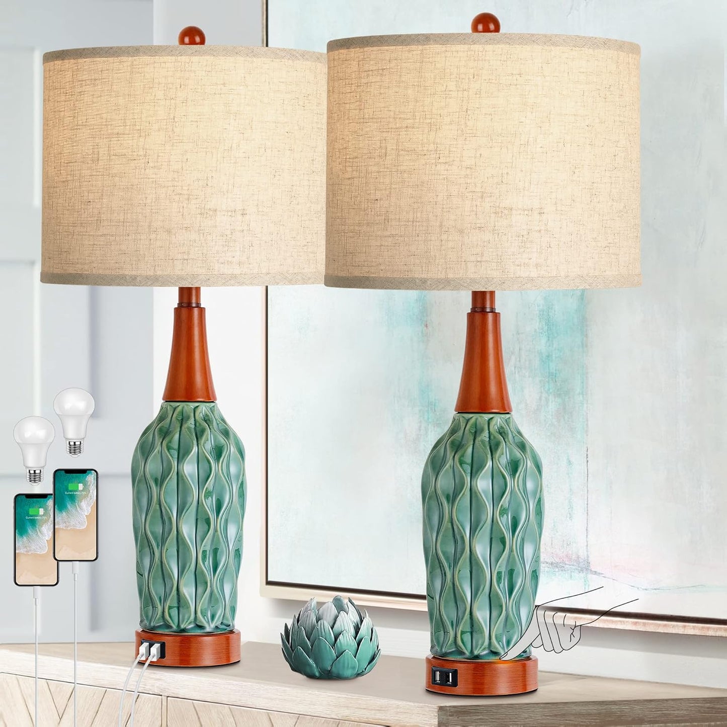 Vintage Table Lamps for Living Room Set of 2 with USB Port