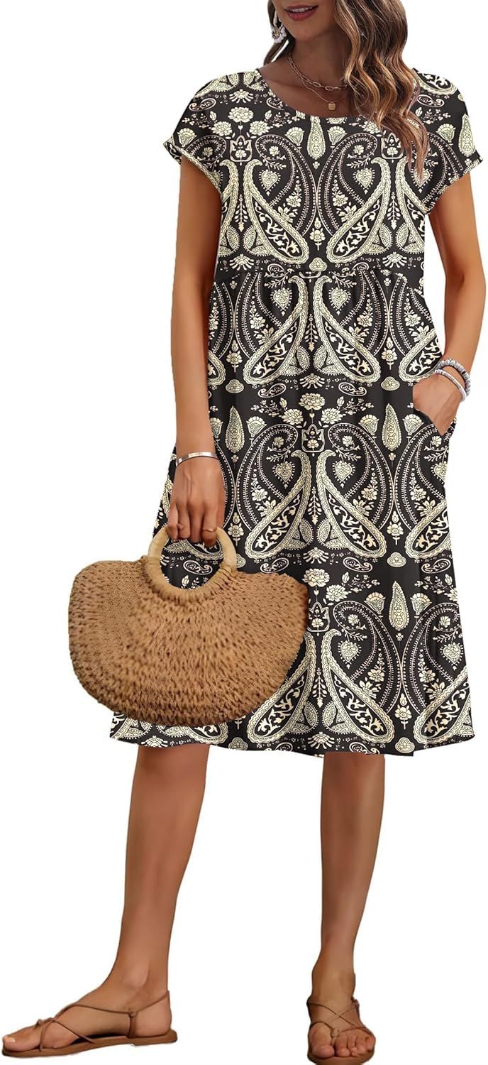 AUSELILY Women's Summer Short Sleeve Knee-Length Dress with Pockets