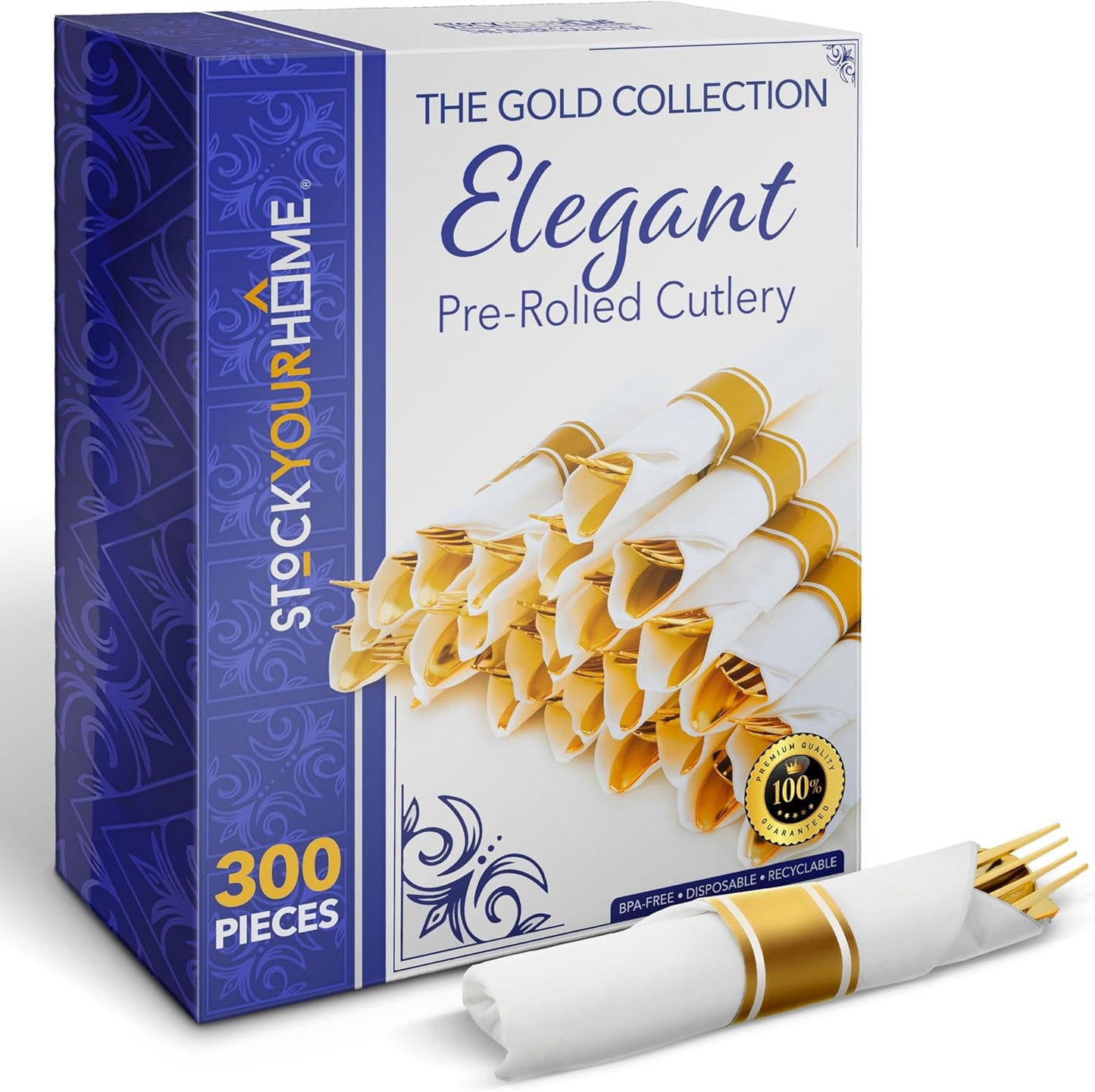 300 Pack Pre Rolled Gold Plastic Cutlery Set for Events