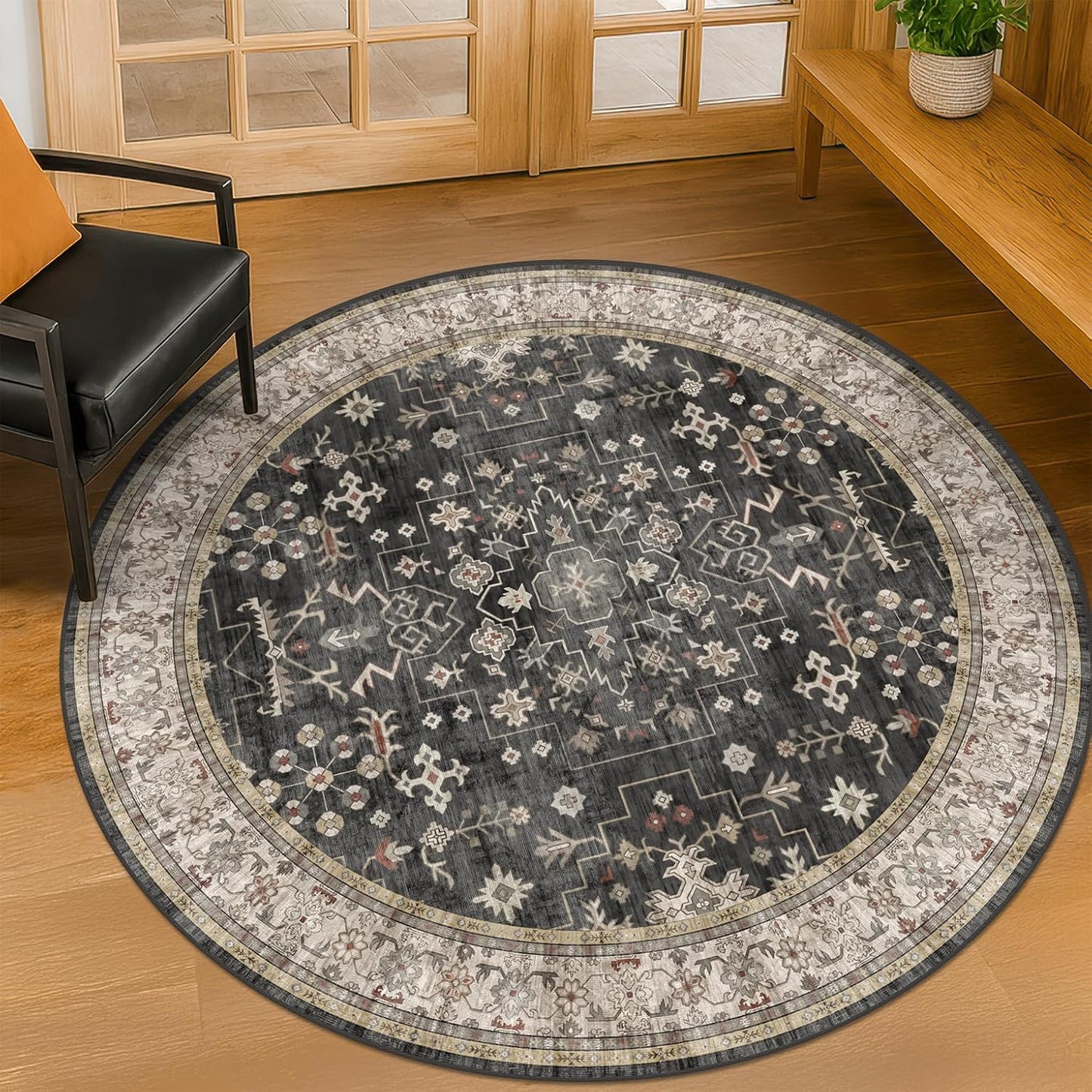 Black Boho Small Circle Rug 5ft for Living Room Decor