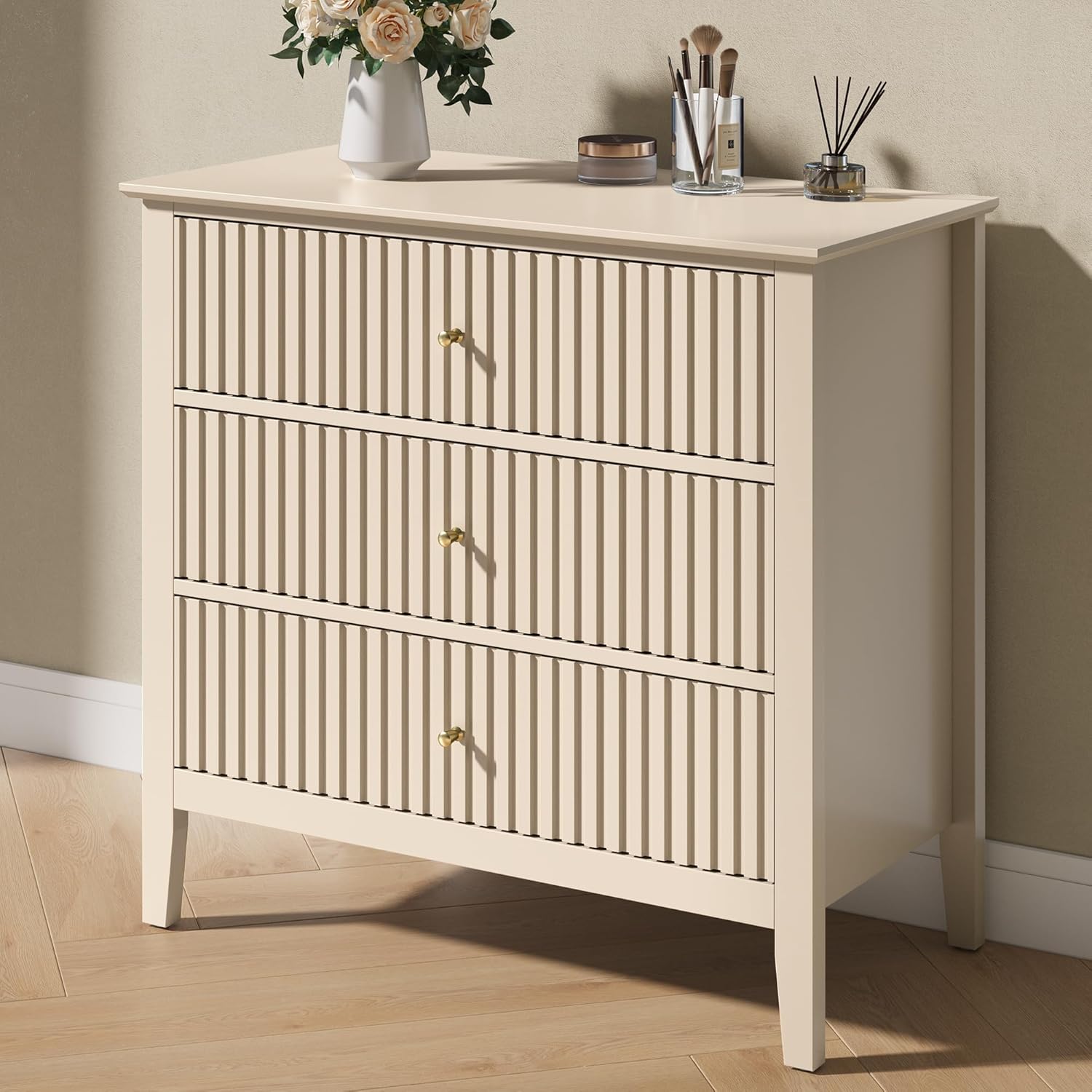 Beige Fluted 3 Drawer Dresser for Bedroom and Entryway Storage