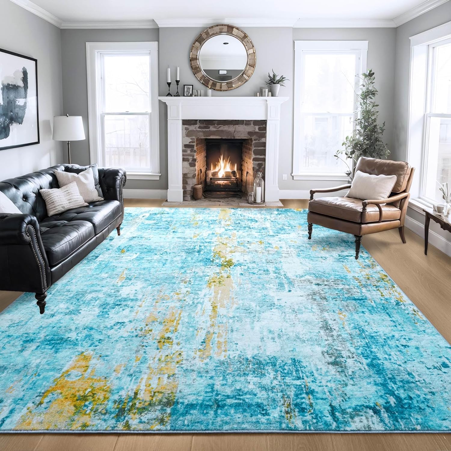 Ompaa 8x10 Teal Blue Area Rug - Machine Washable Boho Style
