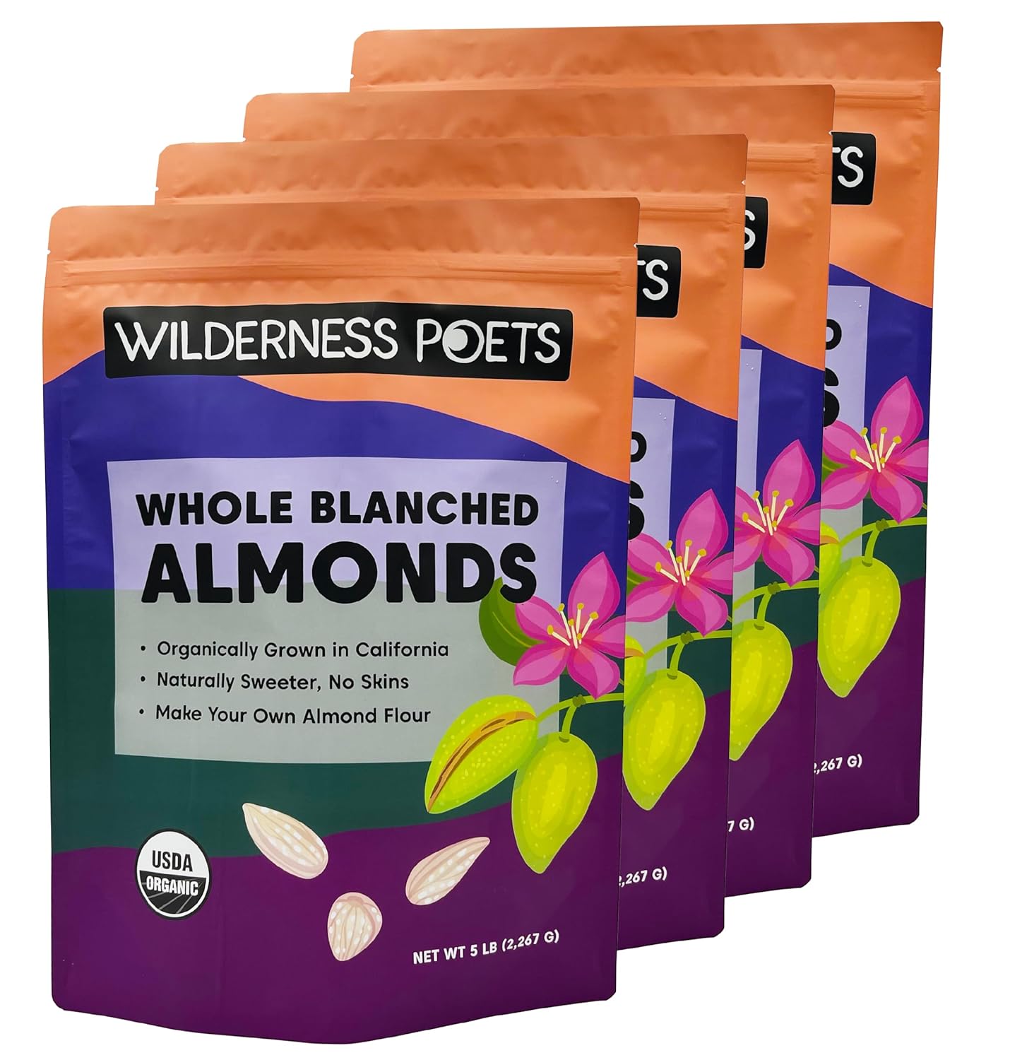 Organic Blanched Almonds - Whole California-Grown Nuts 5 Pound