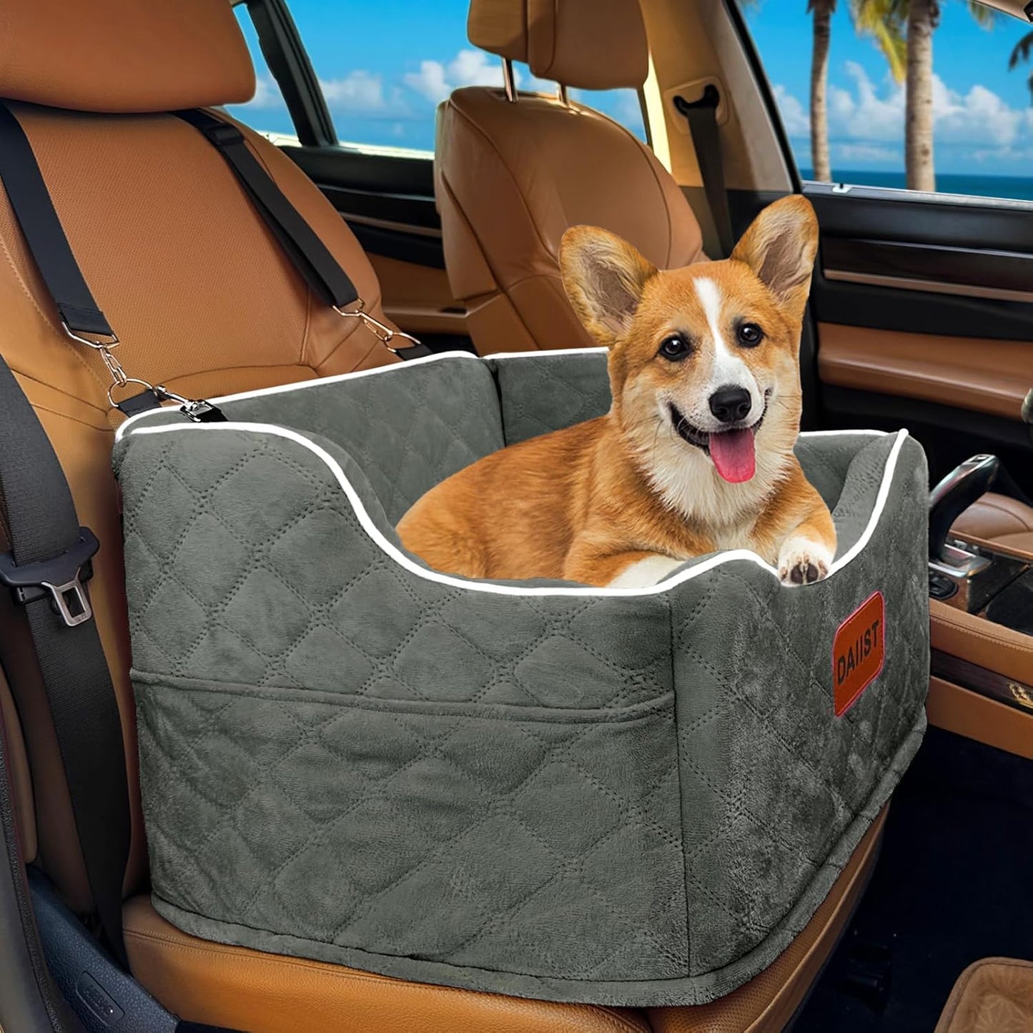 Memory Foam Dog Booster Seat for Small + Medium Dogs - Washable, Storage Pockets