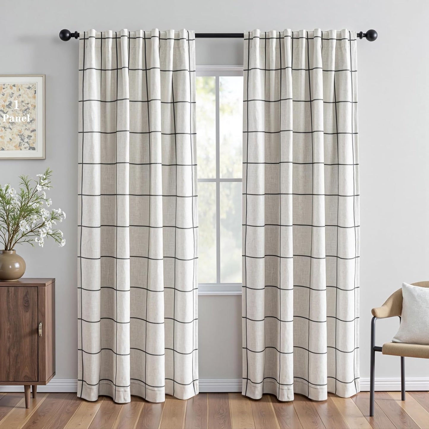 100% Blackout Plaid Linen Curtains for Living Room 84 Inch Long
