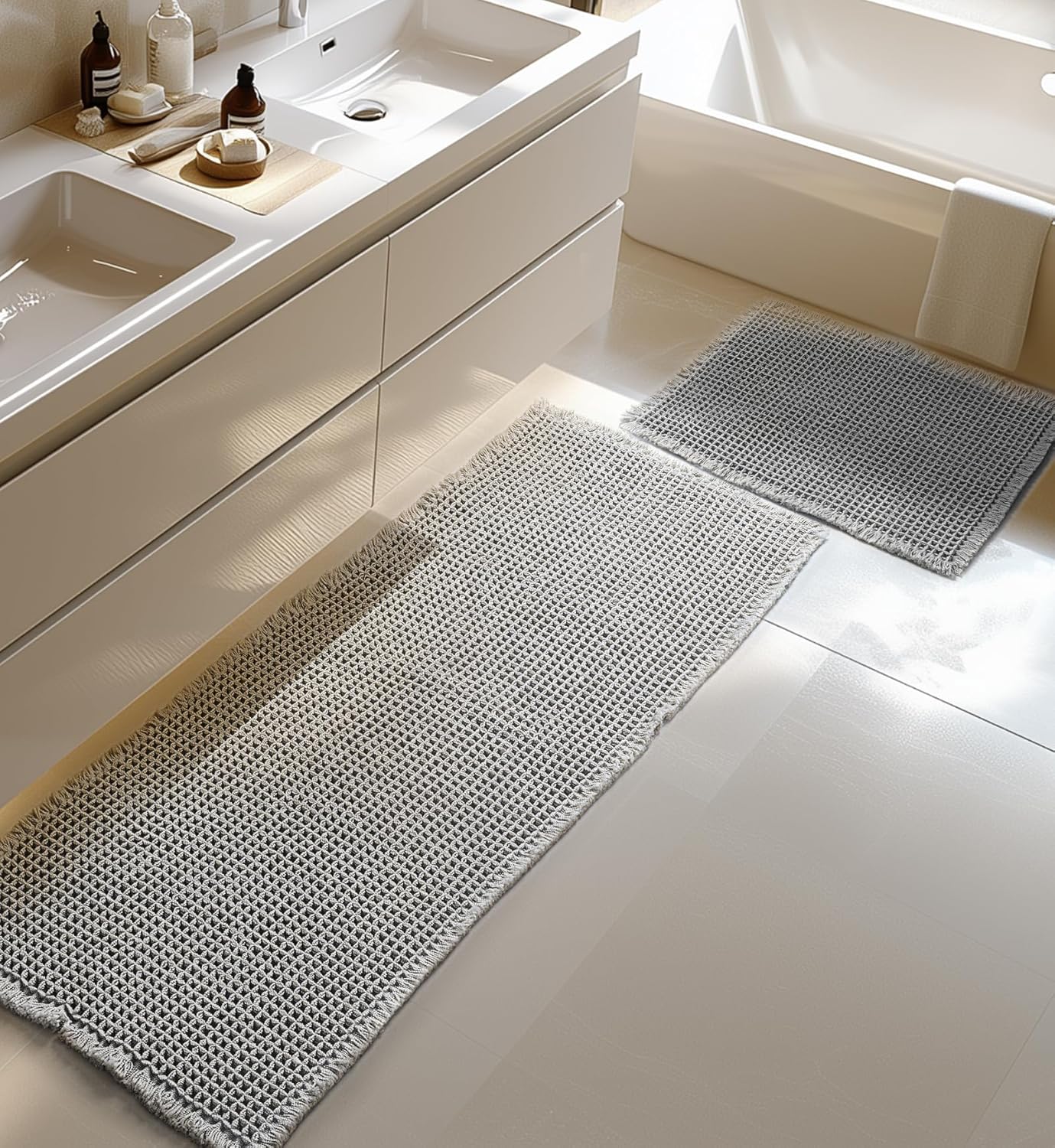 Large Waffle Bath Mat Set of 2 for Ultra Absorbent Comfort
