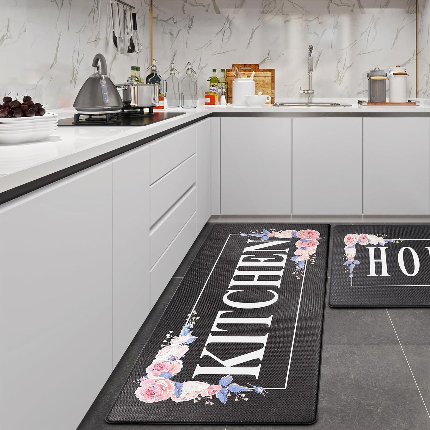 Floral Kitchen Mat Sets 2PCS Non Skid Waterproof Comfort Mats