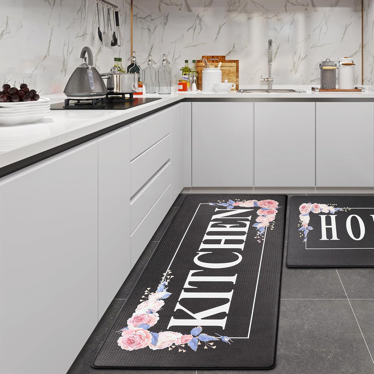 Floral Kitchen Mat Sets 2PCS Non Skid Waterproof Comfort Mats