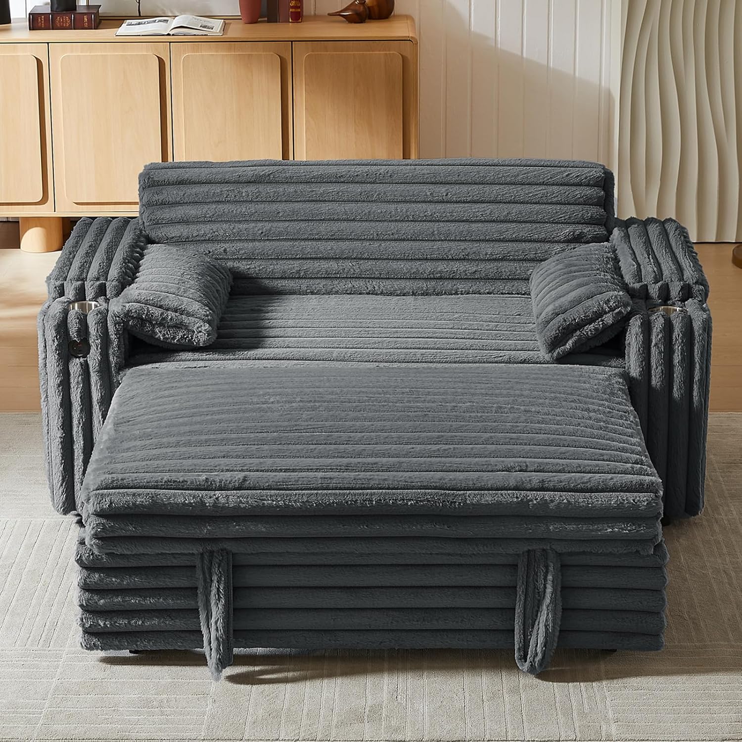 68in Corduroy Convertible Sofa Bed with USB & Storage Armrests