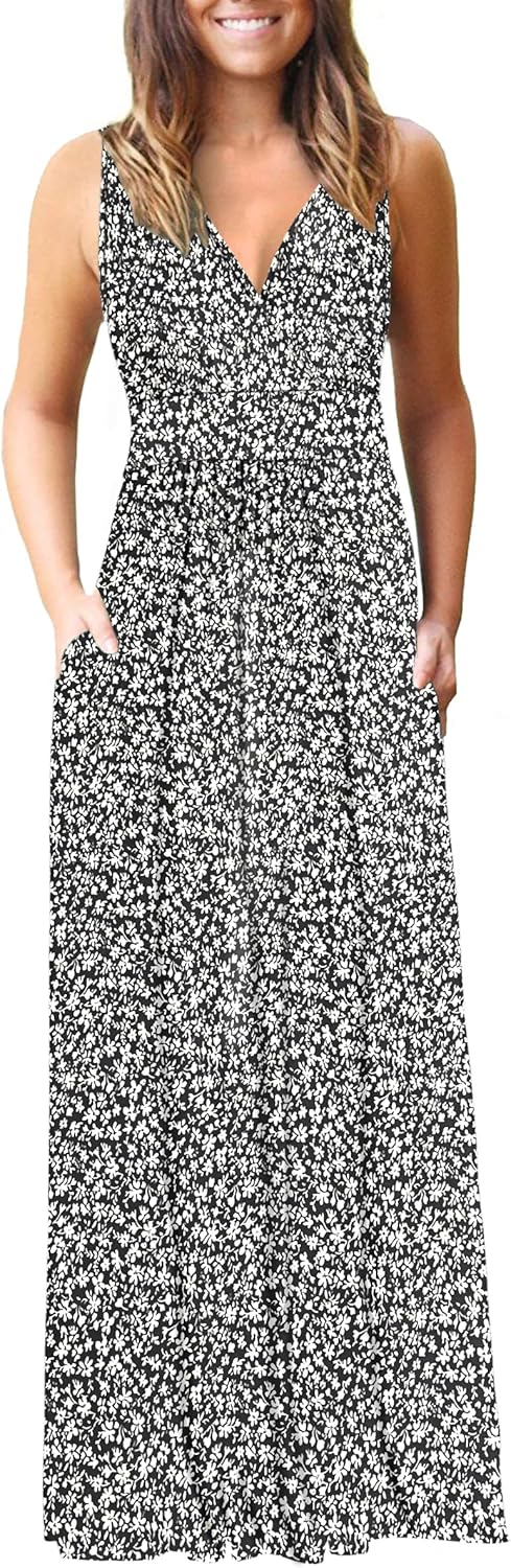 Women's Sleeveless Maxi Dress Deep V Neck with Pockets for Events