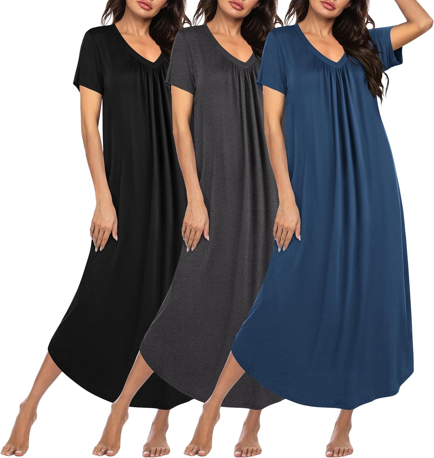 Ekouaer 3 Pack Long Nightgowns for Women Plus Size Comfort
