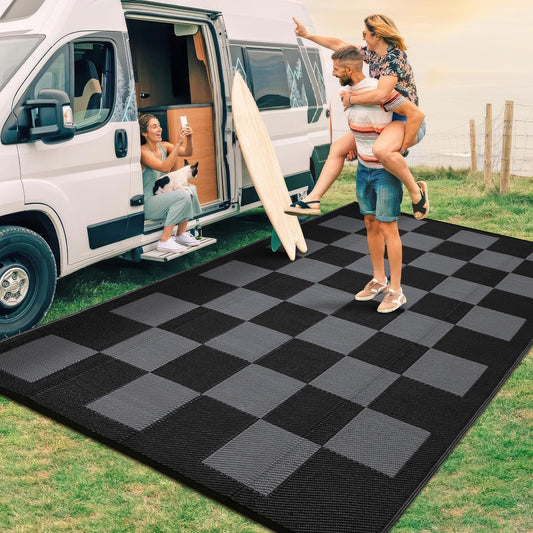 Large Outdoor Rug 9 x 18 Waterproof Modern Checkboard Design
