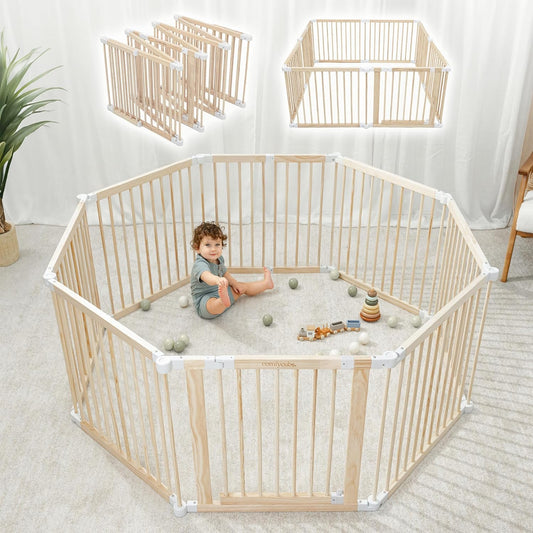 Adjustable Wooden Baby Playpen with Locking Gate