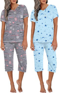 2 Pack Women's Pajama Sets Short Sleeve V Neck Capri - Soft