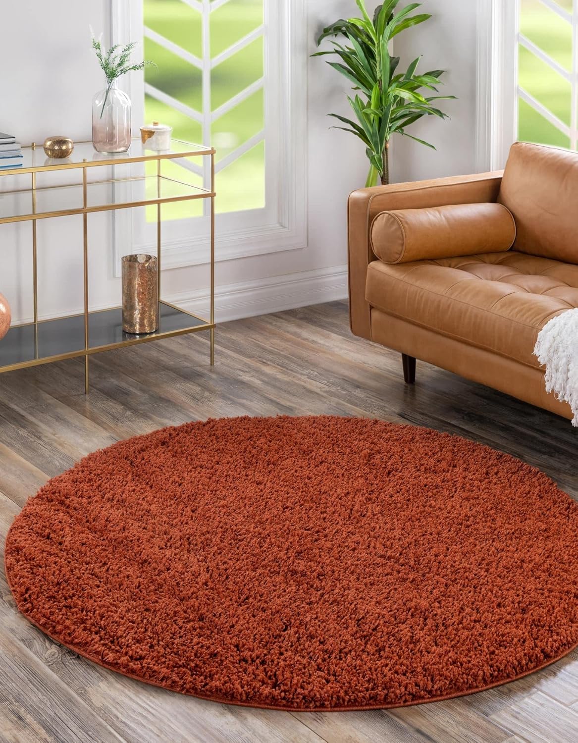 Uber Cozy Solid Shag Collection Rug 4 Ft Round Terracotta