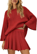 Womens 2 Piece Sweater Skirt Set - Cozy Pleated Lounge Outfit