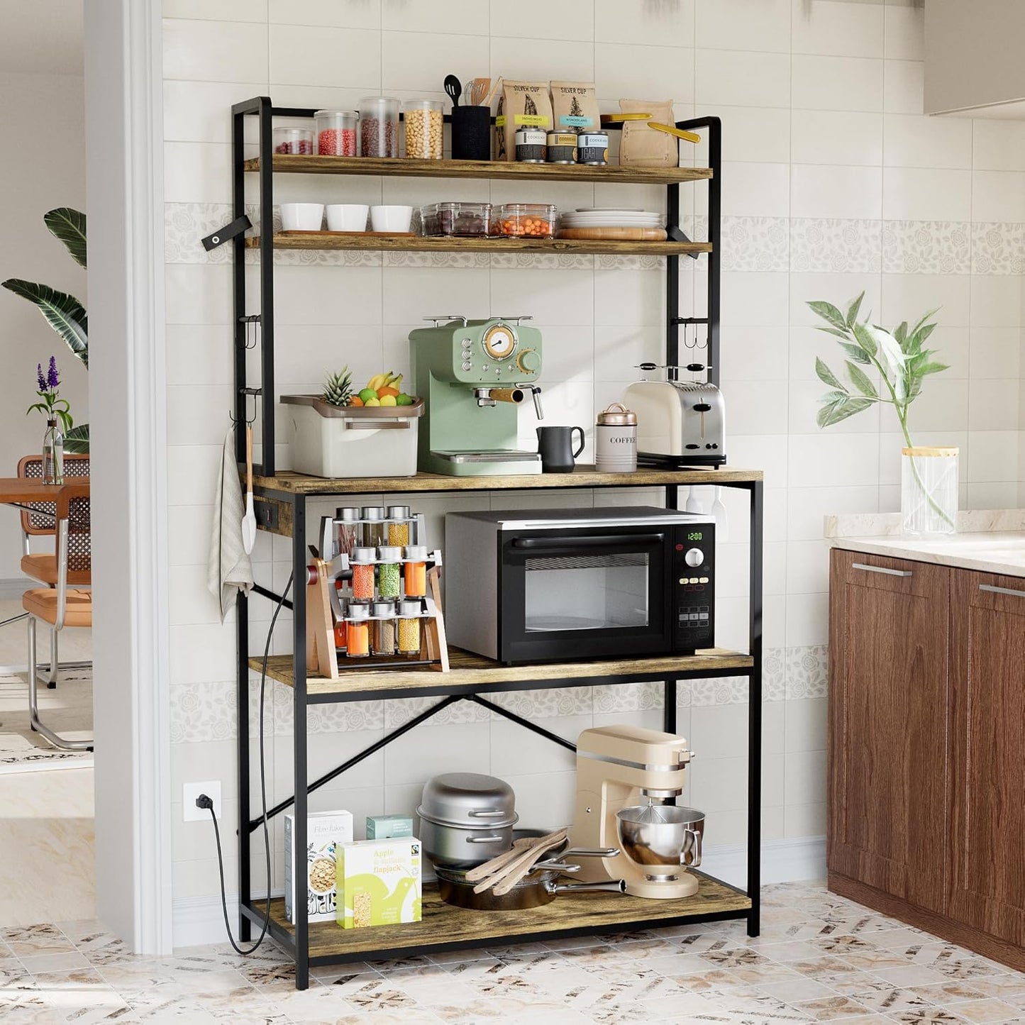 Rustic Brown Bakers Rack: 5-Tier Microwave Stand with Power Outlet