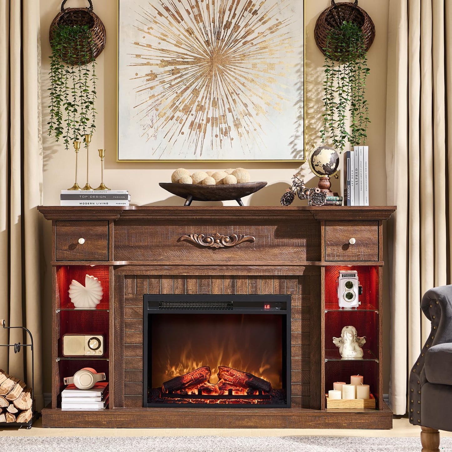 54 Farmhouse Electric Fireplace TV Stand w/ Adjustable Shelves & Drawers - Cozy Flames & Multicolor Lights