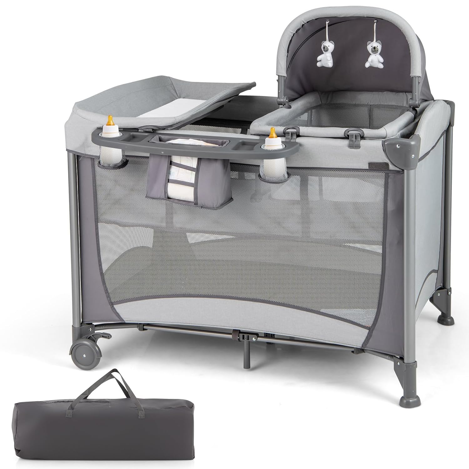 HONEY JOY 5-in-1 Portable Baby Playard with Bassinet & More