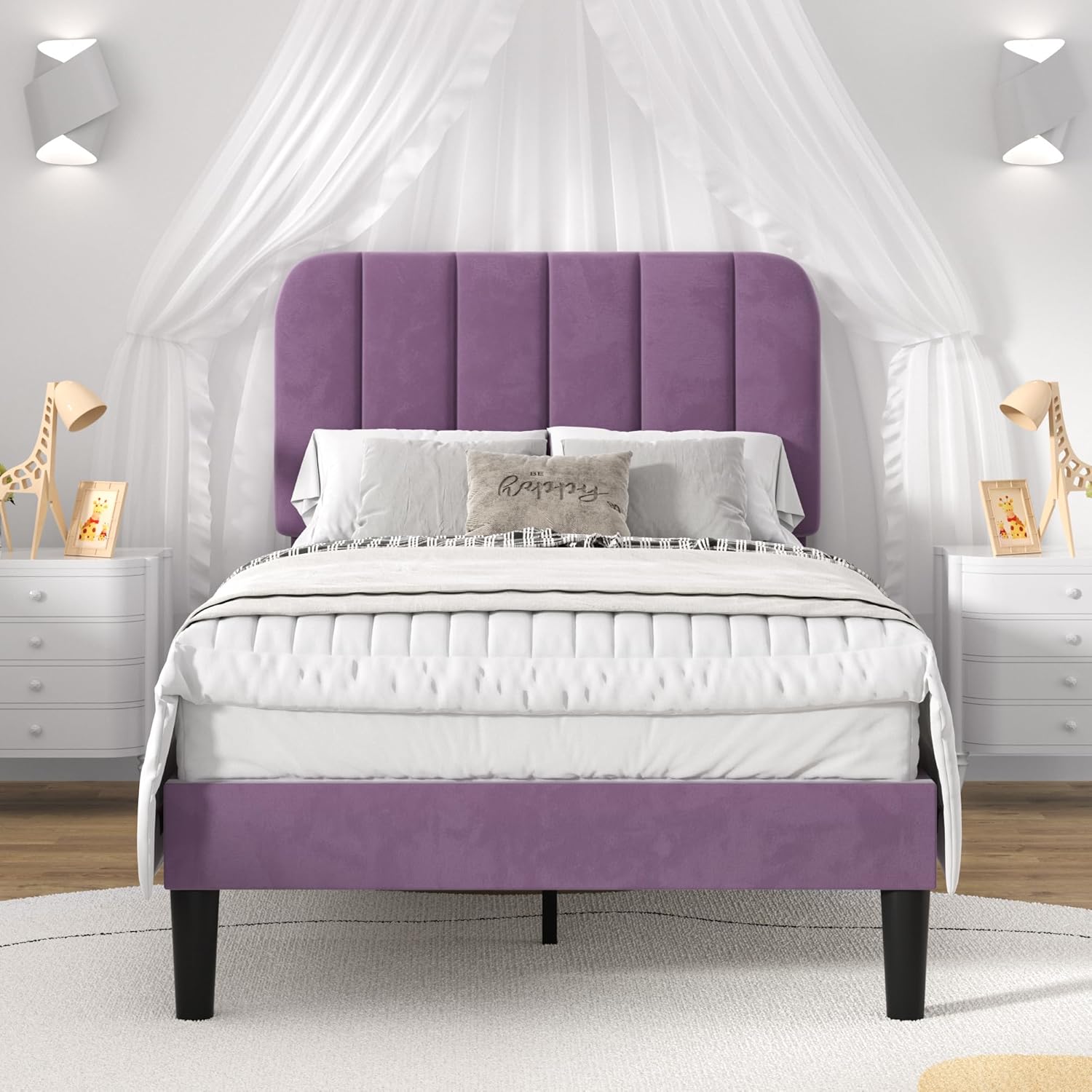 VECELO Twin Size Bed Frame with Upholstered Headboard in Purple