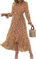 BTFBM Floral V Neck High Waist Ruffle Maxi Dress - Flattering Fall Fit
