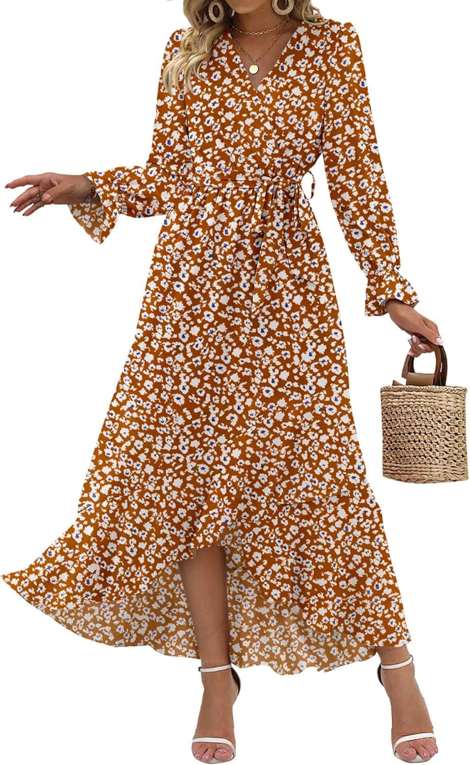 Floral High Waist Ruffle Long Sleeve Dress for Women