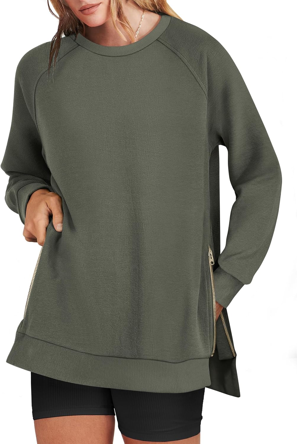 Oversized Sweatshirts for Women with Side Zipper and Crewneck